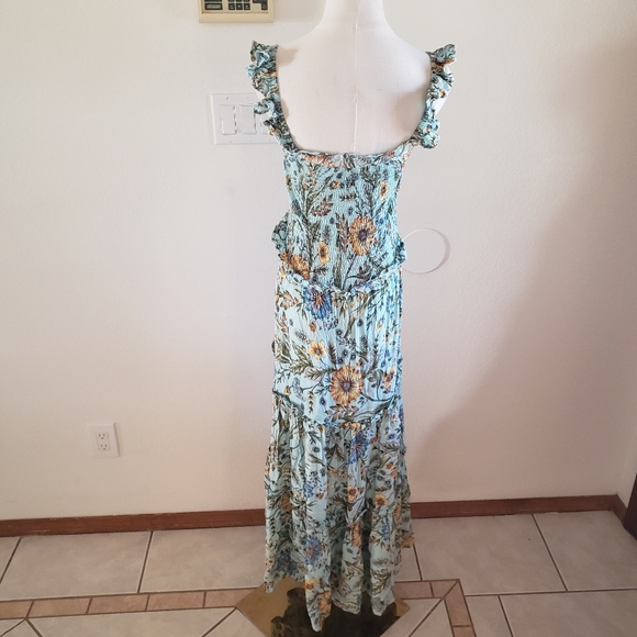 Anthropologie Abel the Label Floral‎ Blue Maxi Dress Shirred top Tiered Skirt M - Picture 6 of 9